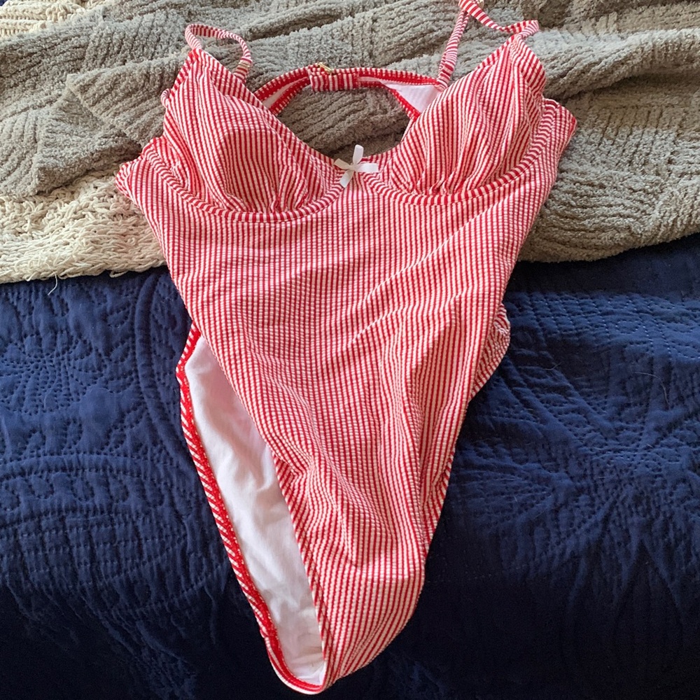 Red Striped One Piece Swimsuit